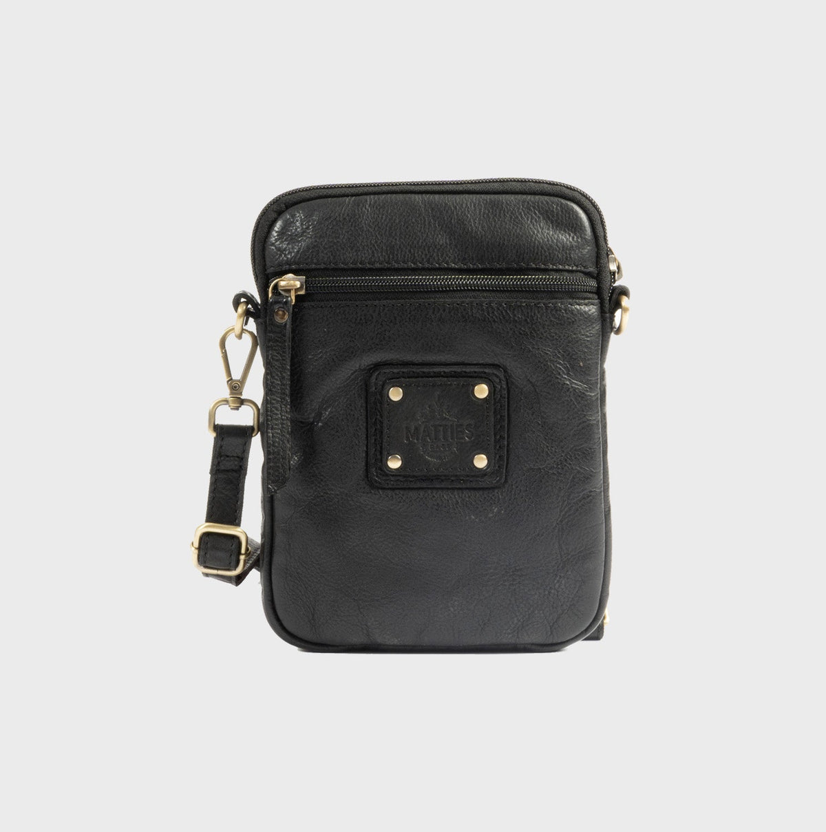 Bolso bandolera vertical de piel natural - Negro