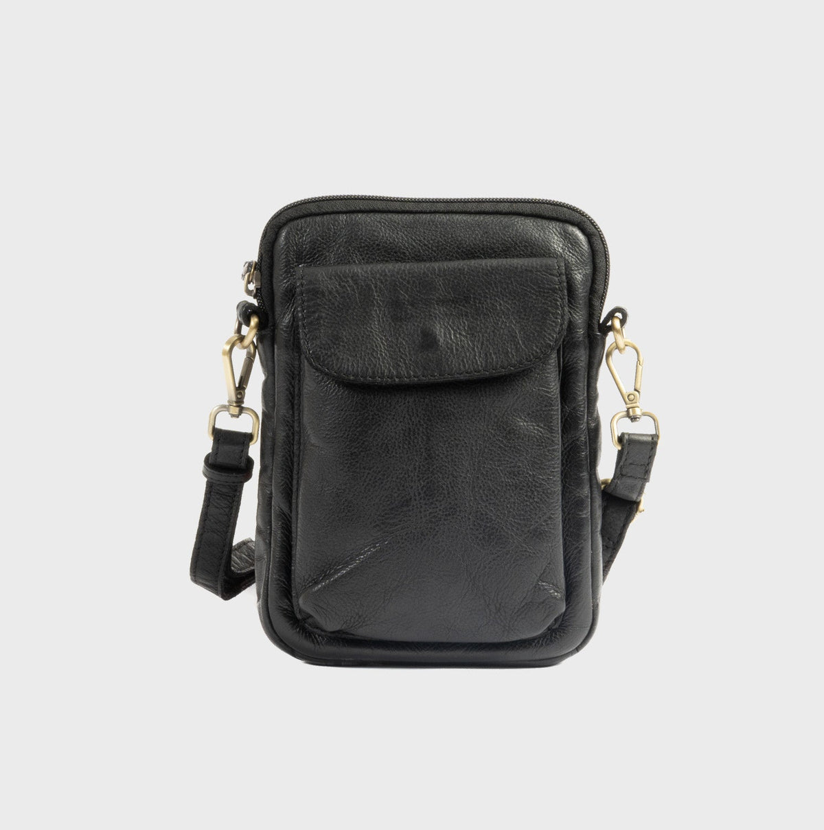 Bolso bandolera vertical de piel natural - Negro