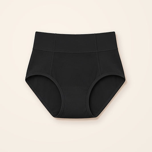 Panty moldeador negro de tiro alto con banda ancha, sobre fondo crema