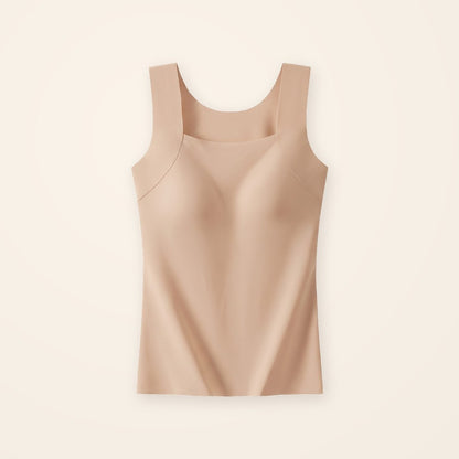 Top con sostén integrado beige, sobre fondo crema
