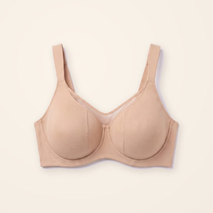 Sostén minimizer beige con panel de malla, sobre fondo crema