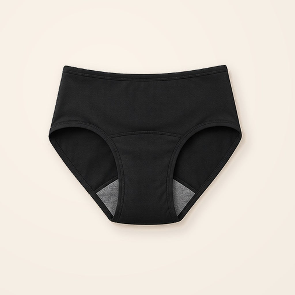 Panty menstrual lavable negro de tiro alto con entrepierna absorbente, sobre fondo crema