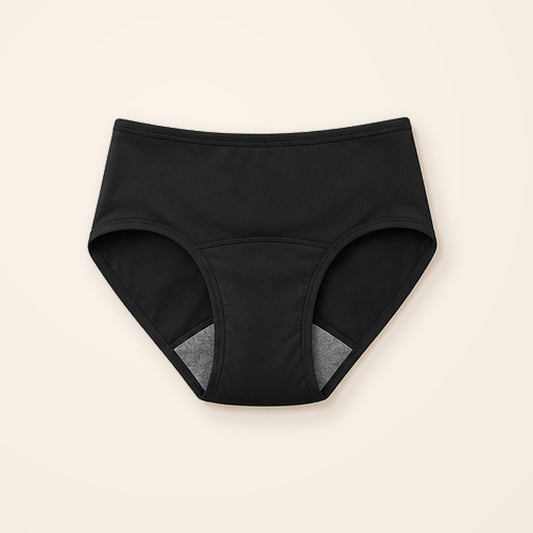 Panty menstrual lavable negro de tiro alto con entrepierna absorbente, sobre fondo crema