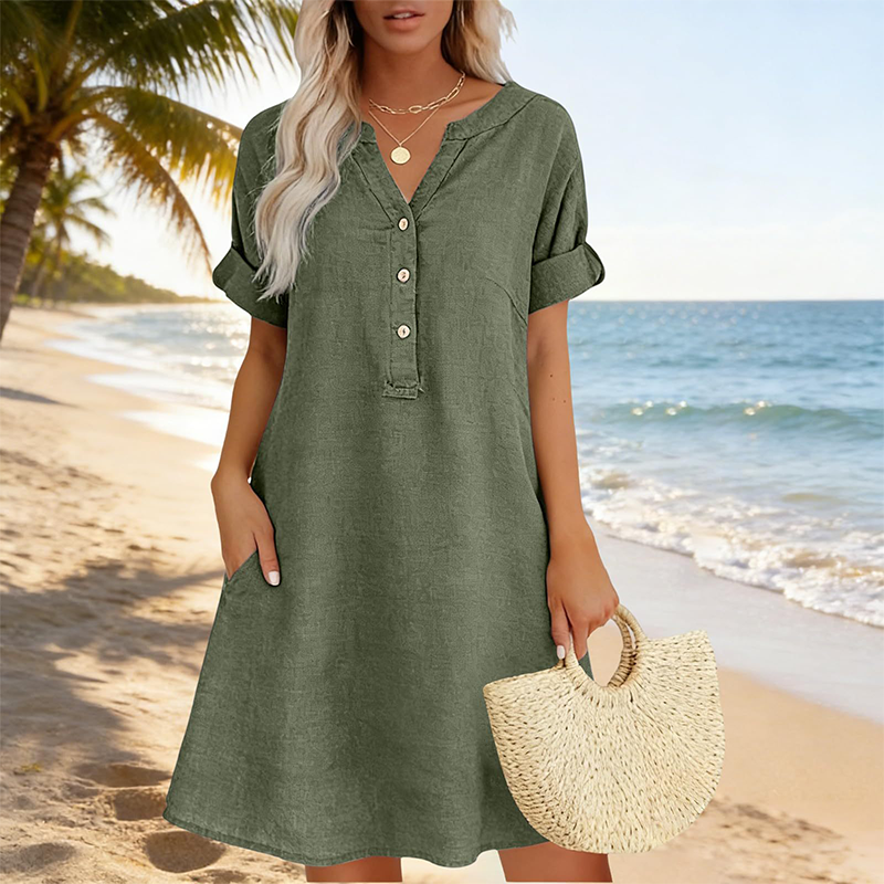 Vestido túnica de algodón con cuello en V Selloryta