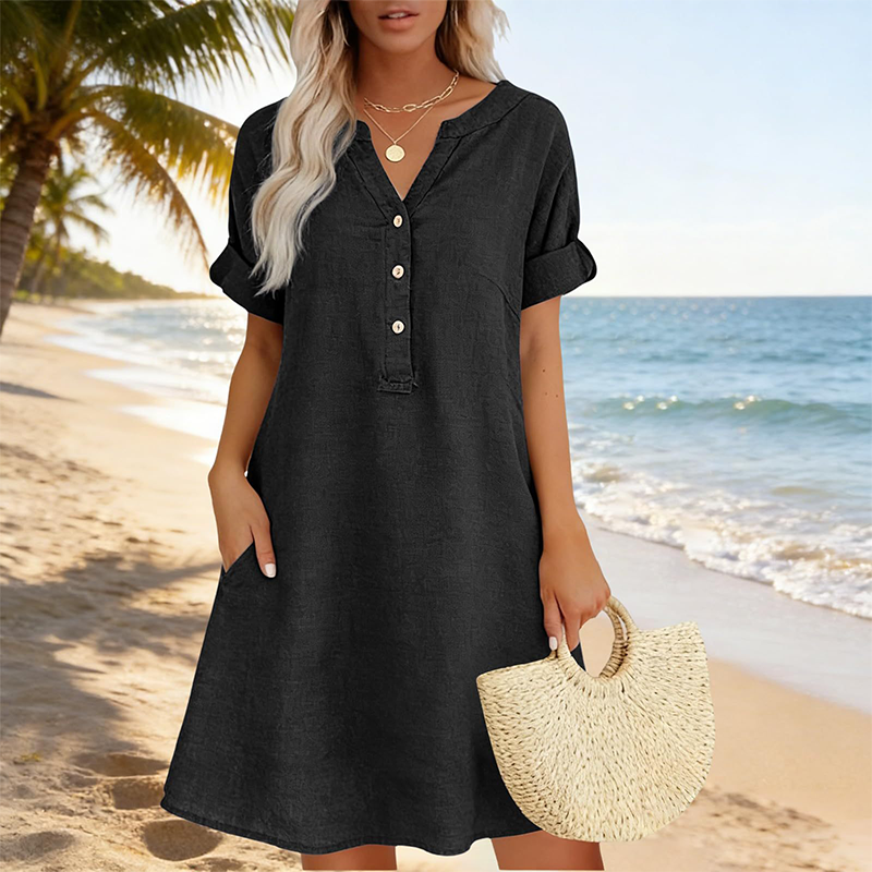 Vestido túnica de algodón con cuello en V Selloryta