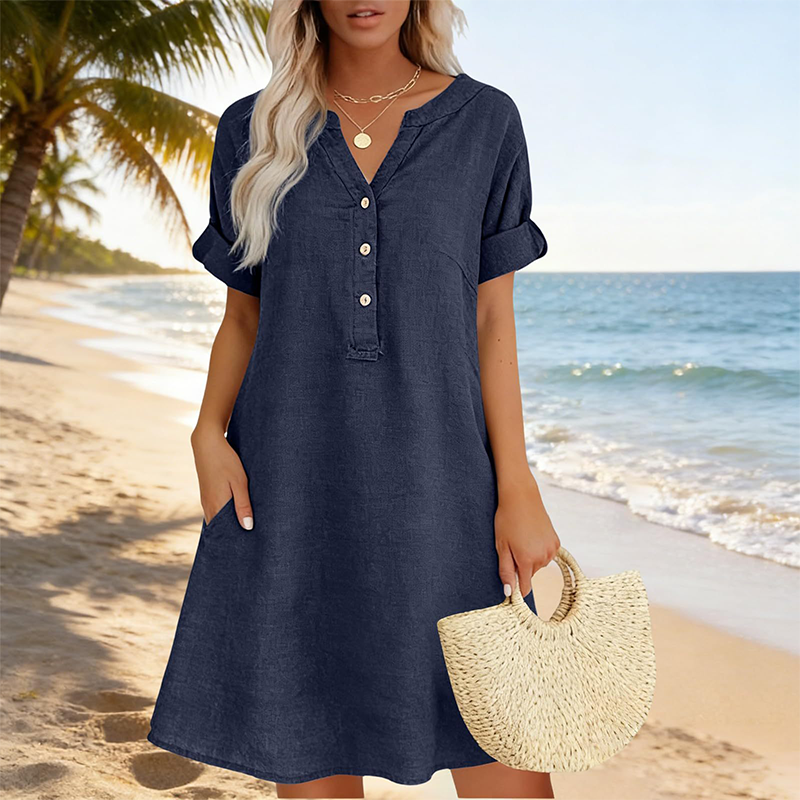 Vestido túnica de algodón con cuello en V Selloryta