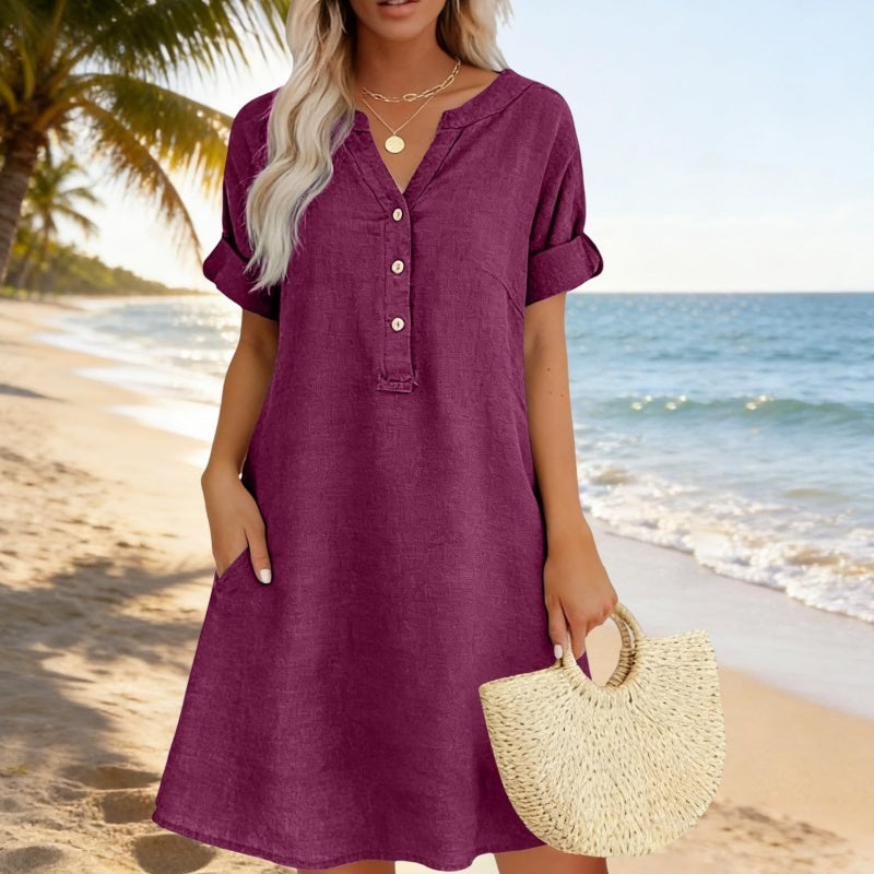 Vestido túnica de algodón con cuello en V Selloryta