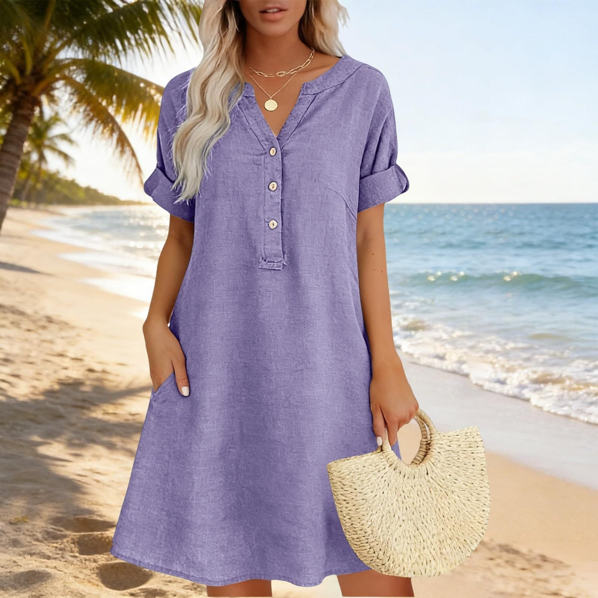 Vestido túnica de algodón con cuello en V Selloryta
